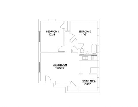 Floor plan for 2 beds, 1 bath, 650 sqft